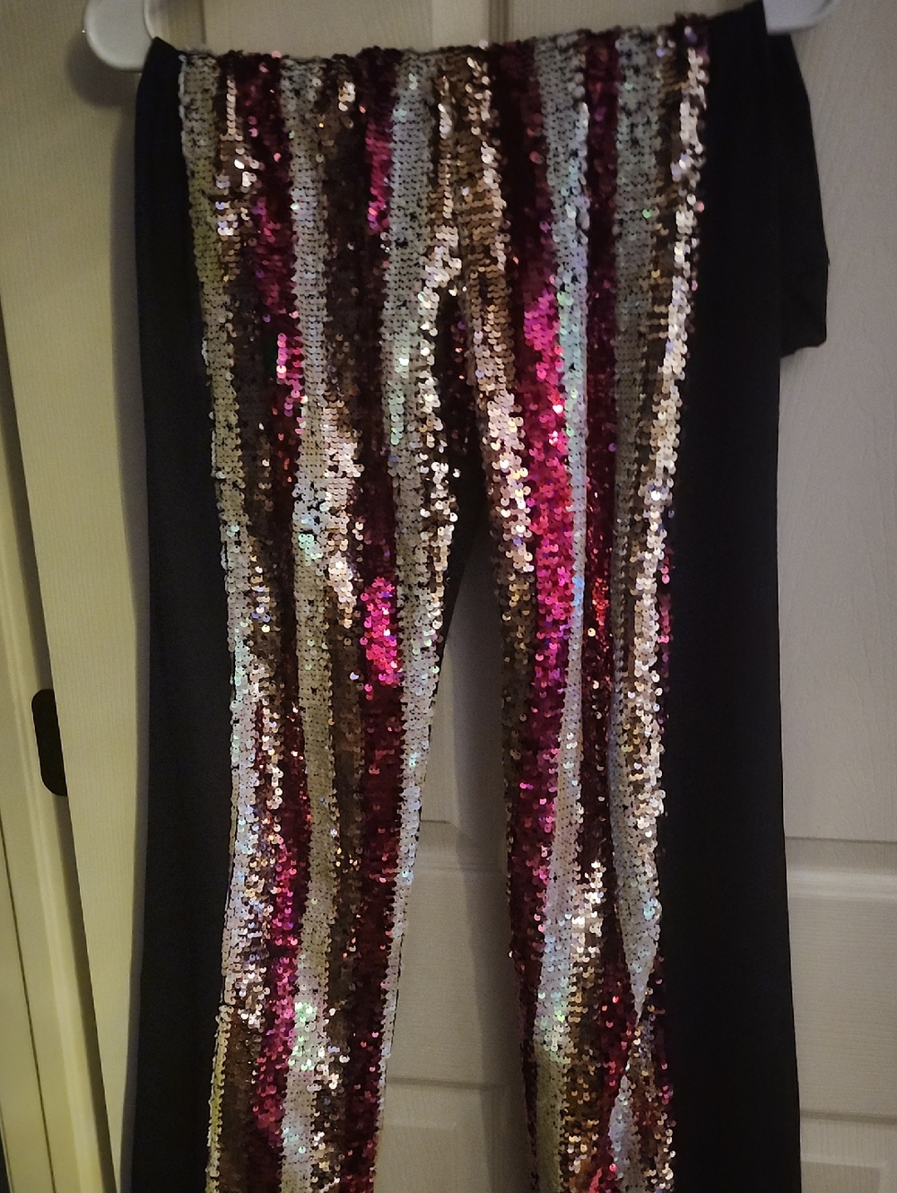 Sequin Stripe Wide-Leg Jumpsuit Pants - Black, Gold & Fuchsia